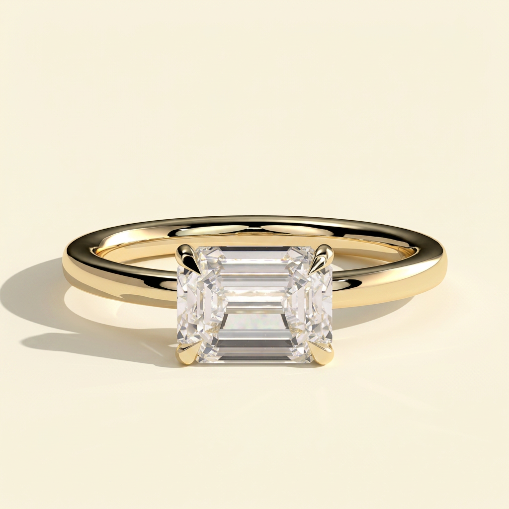 The Quila - Emerald Cut Lab Grown Diamond East West Solitaire Engagement Ring with Raised Basket