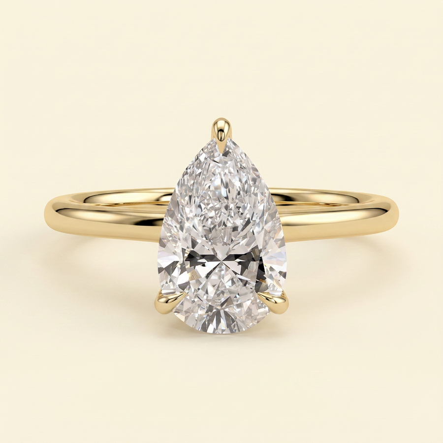 The Honora - Pear Cut Lab Grown Diamond Three Claw Cathedral Solitaire with Hidden Halo Engagement Ring - Yellow Gold
