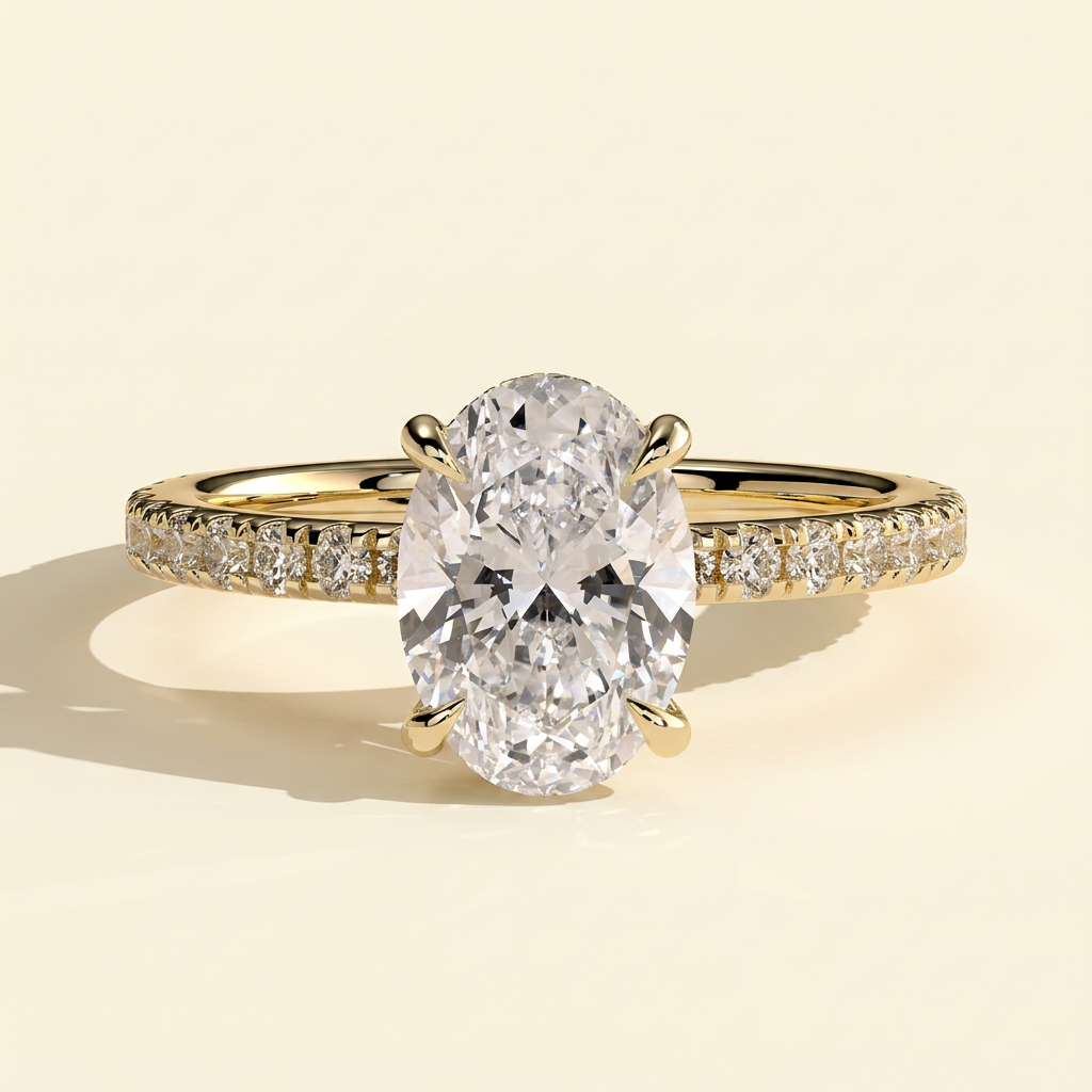 The Finelle - Oval Cut Lab Grown Diamond Solitaire with Wrap Around Hidden Halo Ring