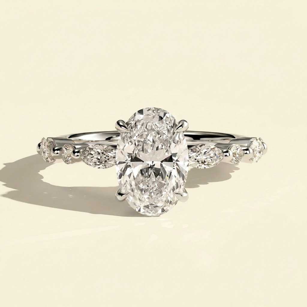 The Deva - Oval Lab Grown Diamond Ring with Marquise and Round Side Stones