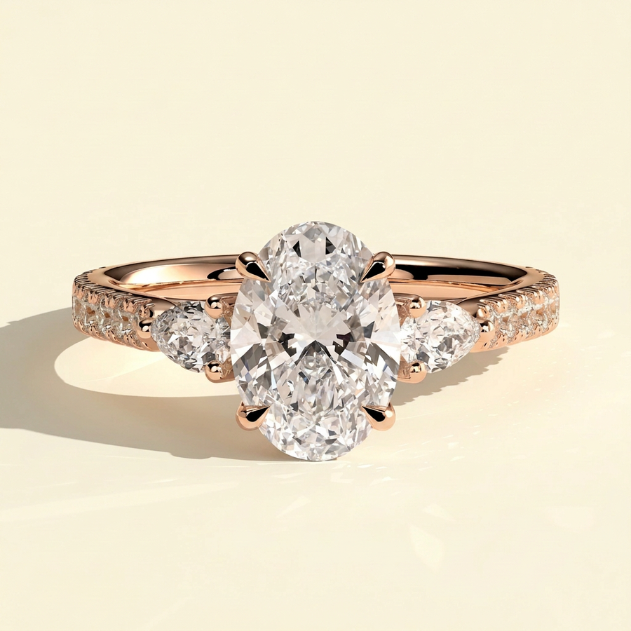 The Senara - Oval Cut Lab Grown Diamond Three Stone Ring with Pave Set Band - Rose Gold