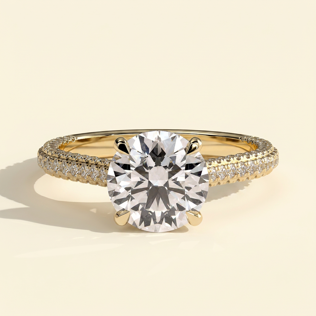 The Perla - Round Cut Lab Grown Diamond Solitaire with Hidden Halo and Cathedral Setting Ring