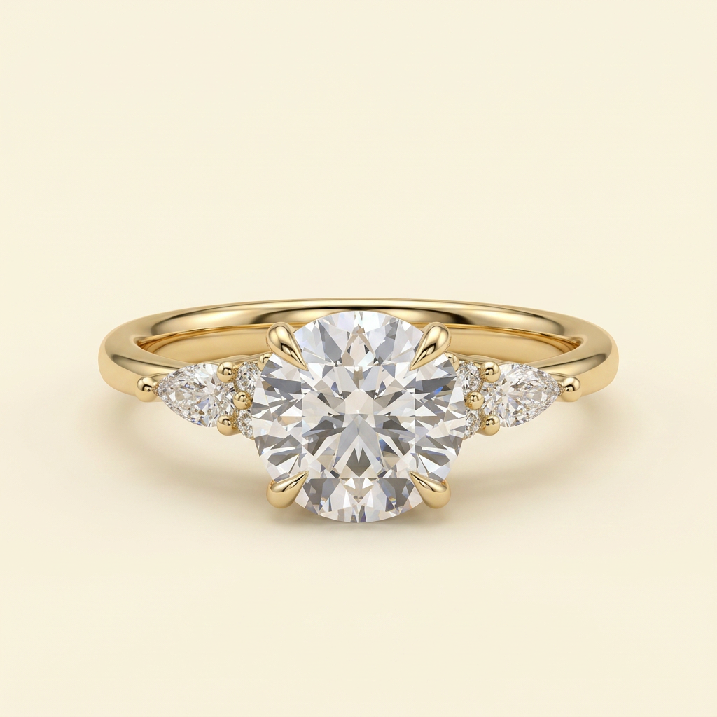 The Clea - Round Cut Lab Grown Diamond Three Stone with Pear Shoulder Stones and Tulip Gallery Engagement Ring