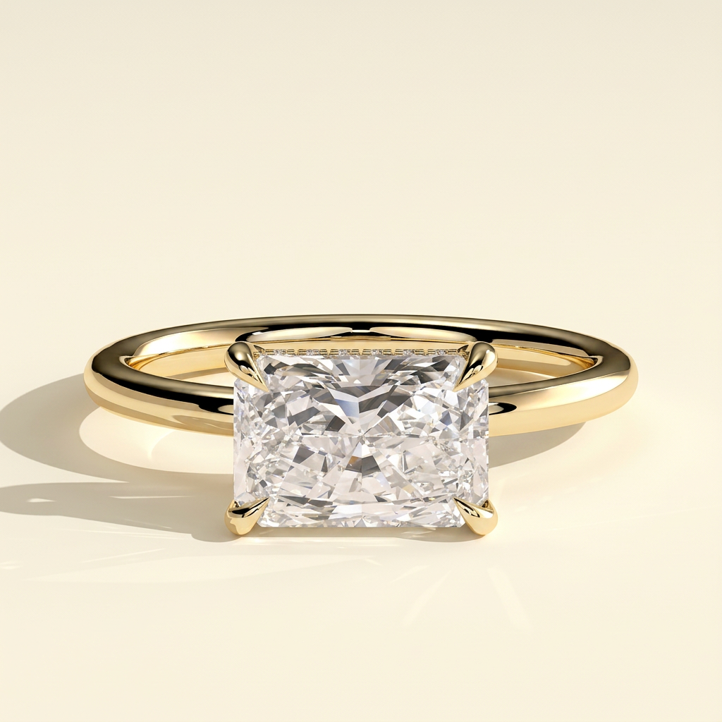 The Feya - Radiant Cut Lab Grown Diamond East West Four Claw Solitaire Ring with Hidden Halo