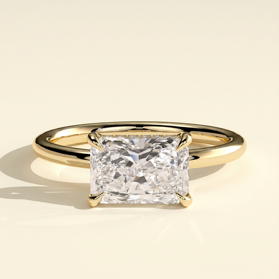 The Feya - Radiant Cut Lab Grown Diamond East West Four Claw Solitaire Ring with Hidden Halo - Yellow Gold