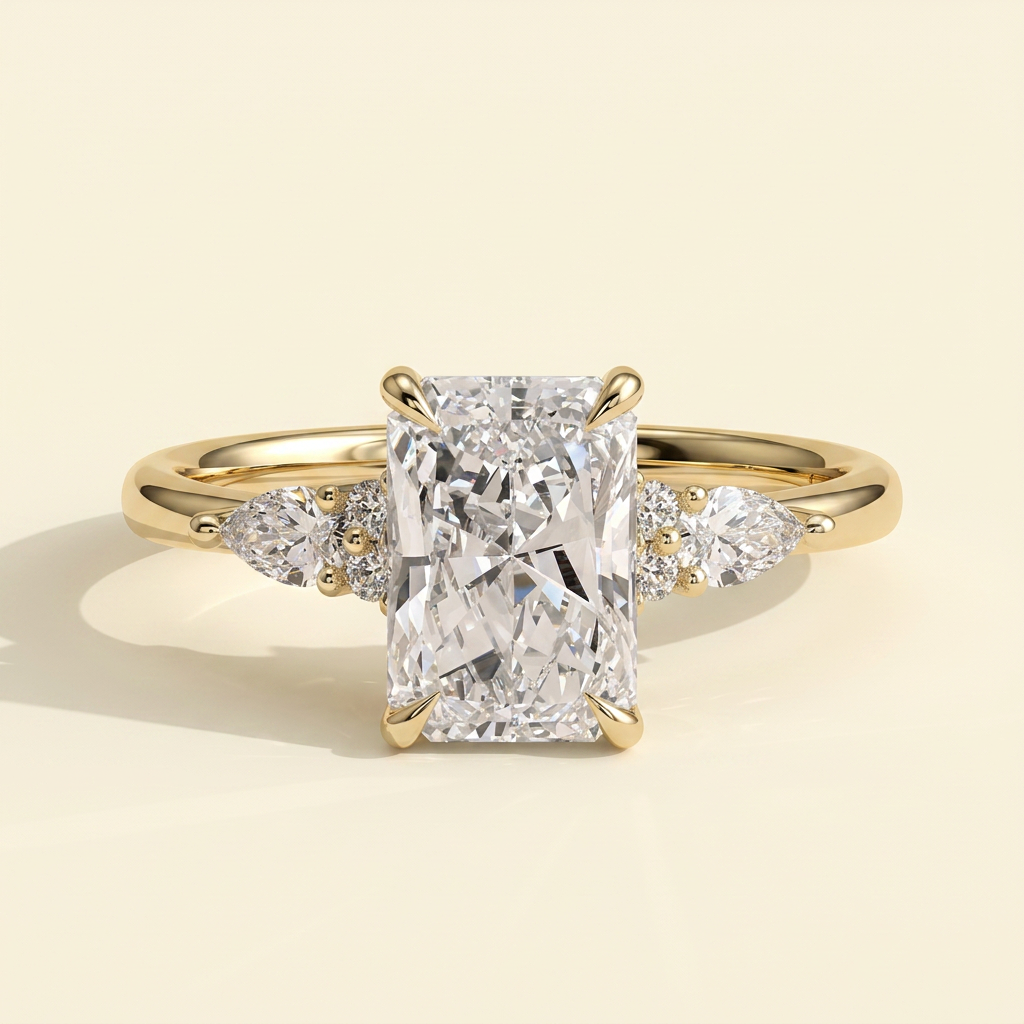 The Raina - Radiant Cut Lab Grown Diamond Three Stone Tulip Gallery Ring with Pear Side Stones