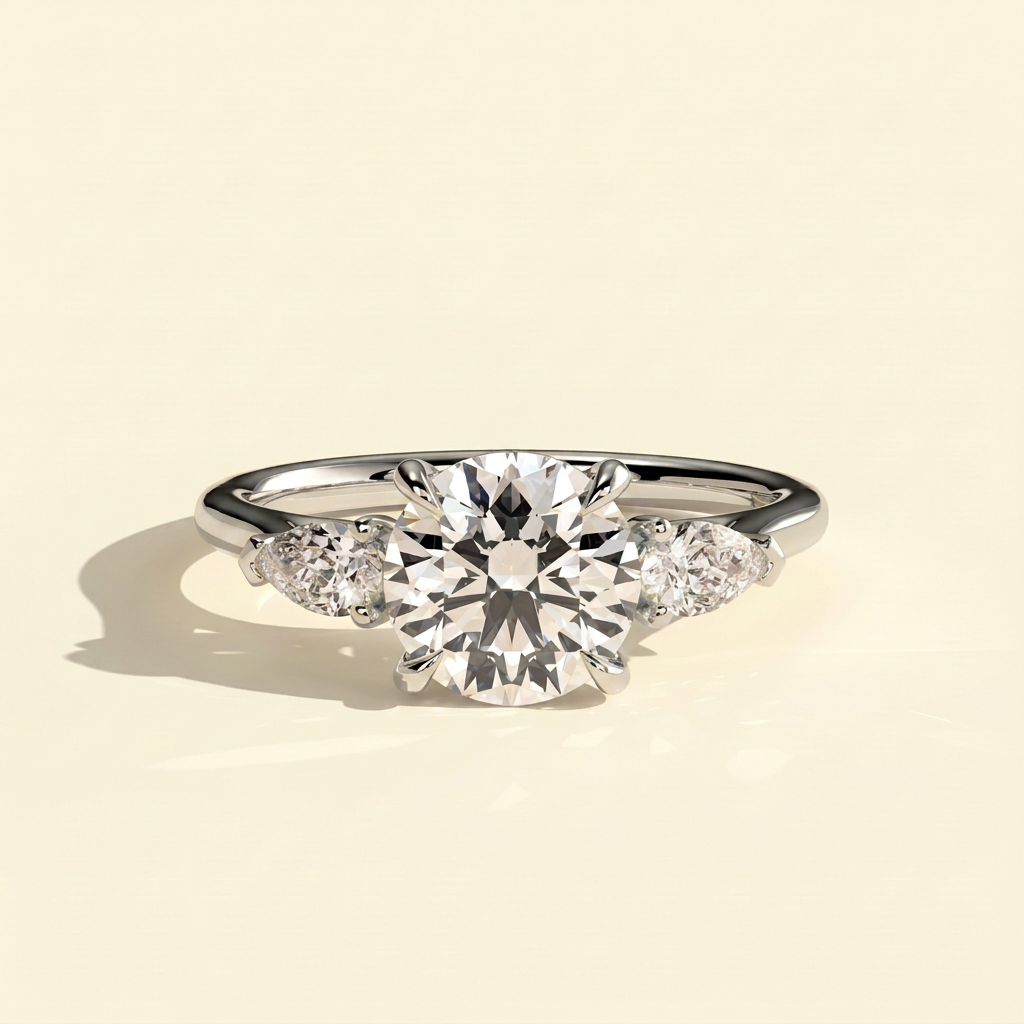 The Aurine - Round Cut Lab Grown Diamond Three Stone Ring with Pear Sides