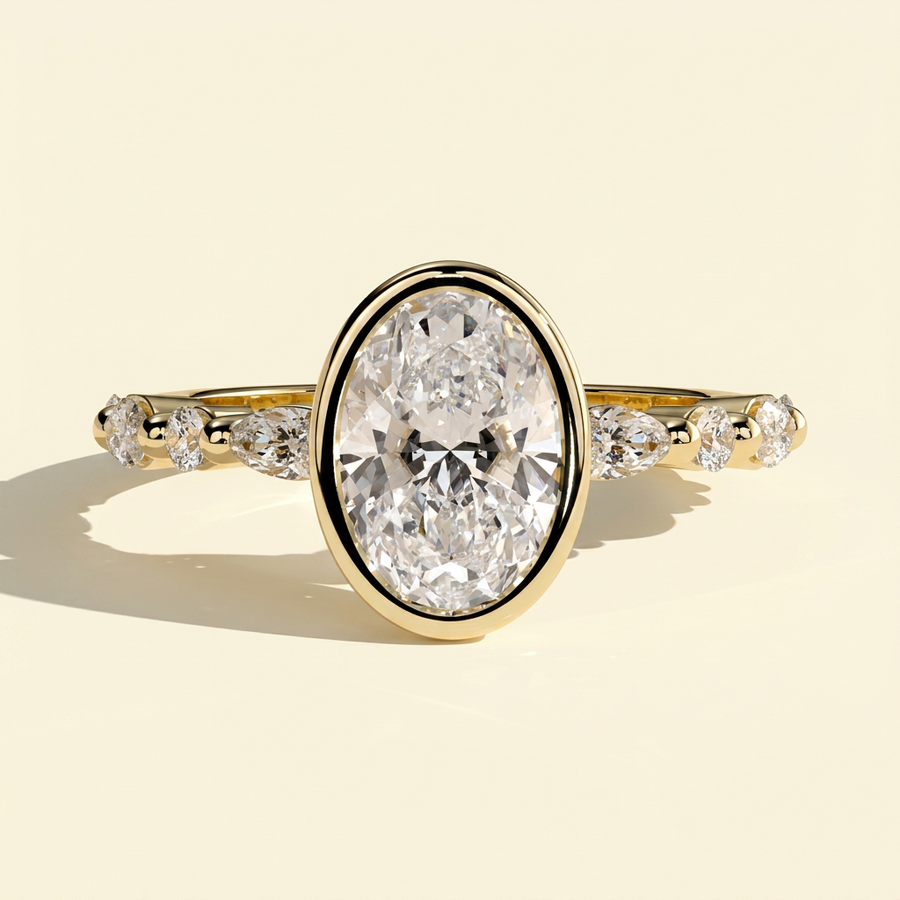 The Oona - Oval Cut Lab Diamond Solitaire with Marquise and Round Accent Stones Engagement Ring - Yellow Gold