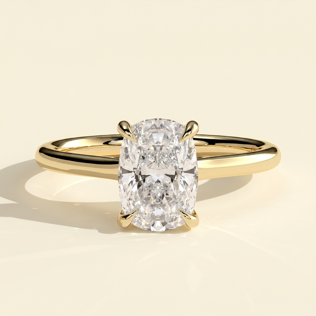 The Blythe - Elongated Cushion Cut Lab Grown Diamond Four Claw Solitaire with Hidden Halo and Cathedral High Setting Engagement Ring