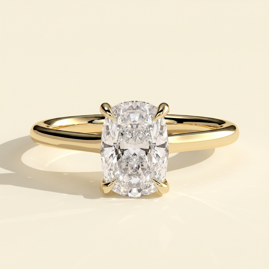The Blythe - Elongated Cushion Cut Lab Grown Diamond Four Claw Solitaire with Hidden Halo and Cathedral High Setting Engagement Ring - Yellow Gold