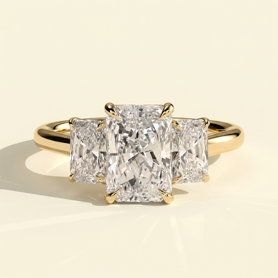 The Elina - Classic Radiant Lab Grown Diamond Three Stone Engagement Ring - Yellow Gold