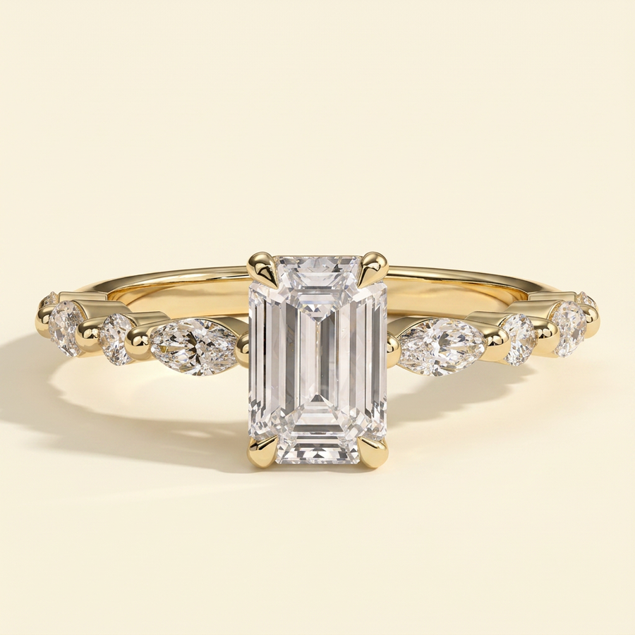 The Jora - Emerald Cut Lab Grown Diamond Solitaire with Marquise and Round Accent Band Engagement Ring - Yellow Gold