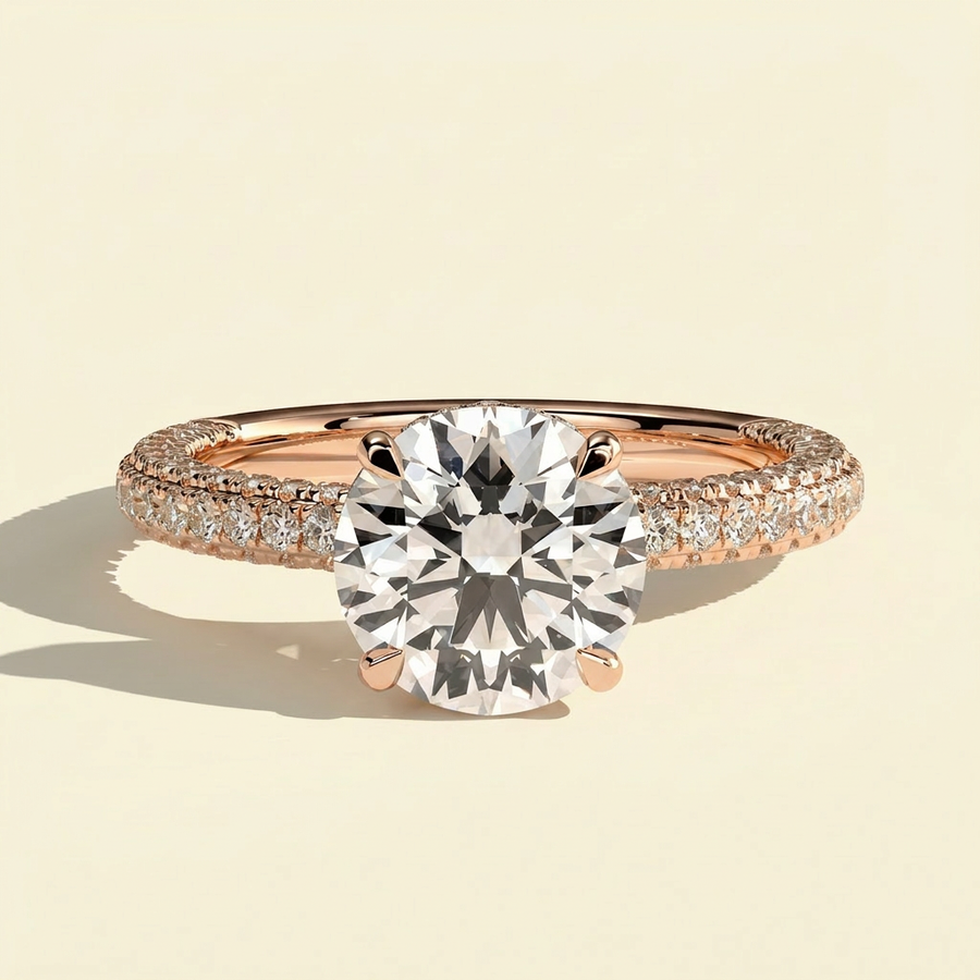 The Aster - Round Lab Grown Diamond Engagement Ring with Triple Pave Band - Rose Gold