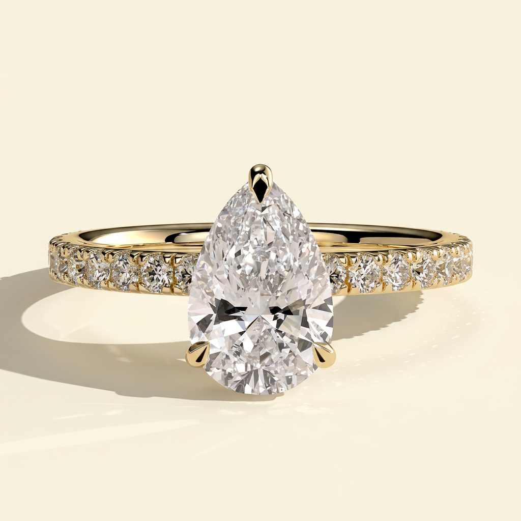 The Hestia - Pear Cut Lab Grown Diamond Wrap Around Hidden Halo Solitaire with Pave Band Engagement Ring