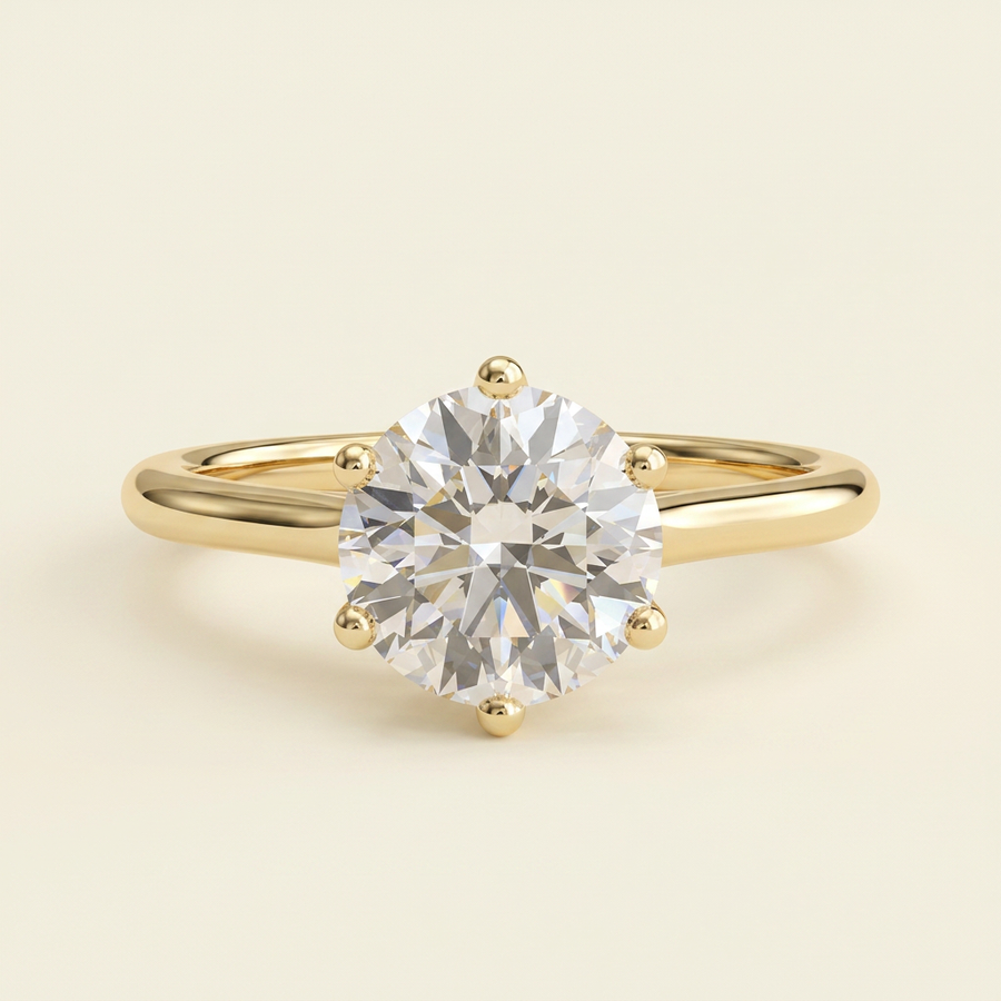 The Rosea - Round Cut Lab Grown Diamond Six Claw Solitaire with Woven Trellis Gallery and Lattice Detail Engagement Ring - Yellow Gold