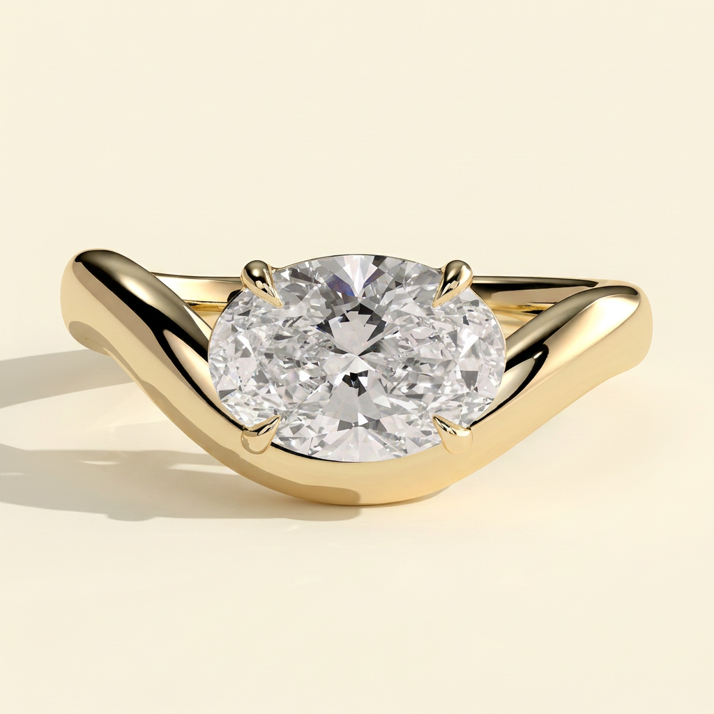The Rhea - Oval Cut Lab Grown Diamond East West Solitaire Engagement Ring with Wave Band