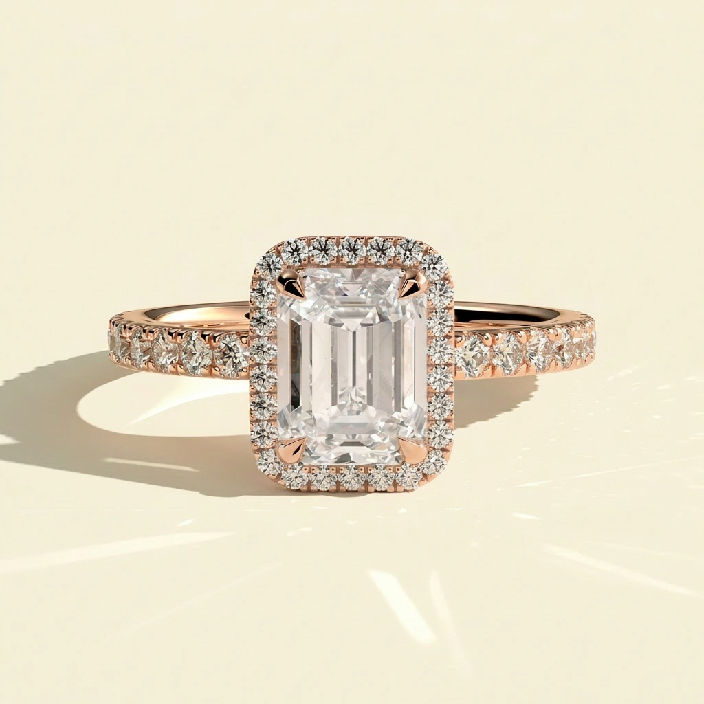 The Dorea - Emerald Lab Grown Diamond Halo Engagement Ring with Pave Band