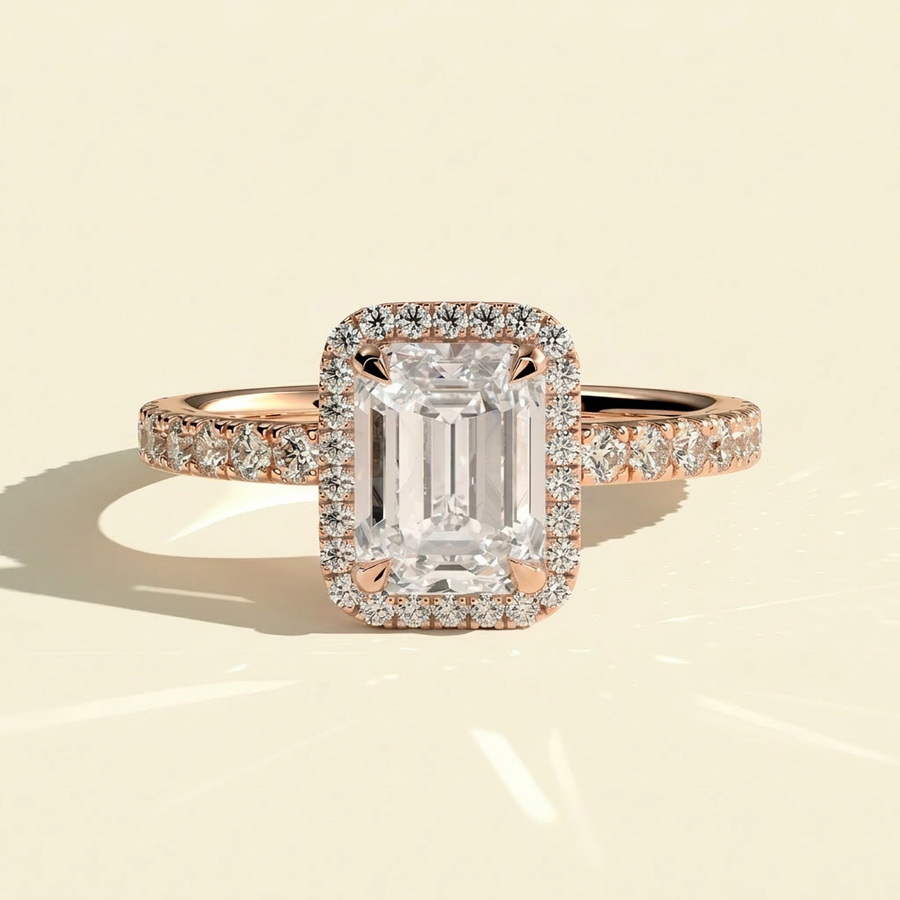 The Dorea - Emerald Lab Grown Diamond Halo Engagement Ring with Pave Band - Rose Gold