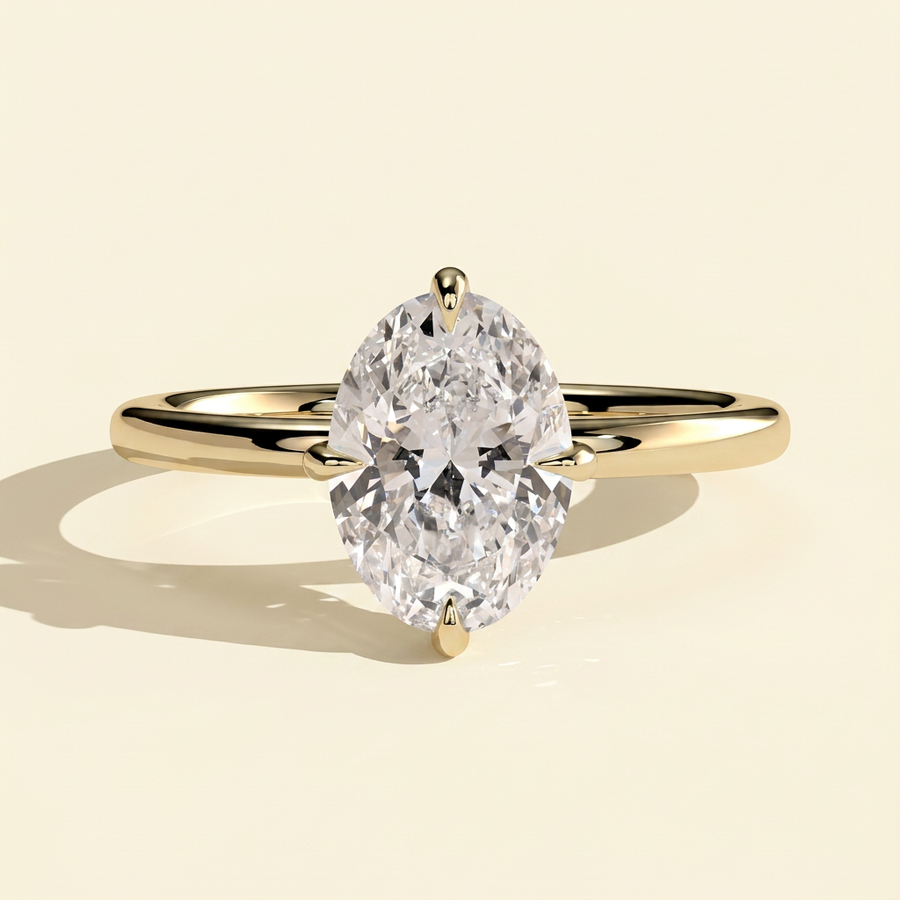 The Joelle - Oval Cut Lab Grown Diamond Compass Set Claw Solitaire with Hidden Halo Engagement Ring - Yellow Gold