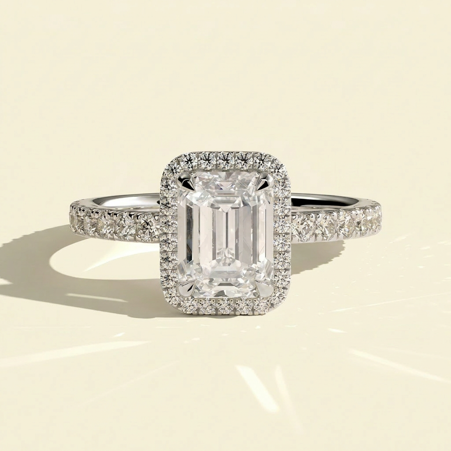 The Dorea - Emerald Lab Grown Diamond Halo Engagement Ring with Pave Band - White Gold