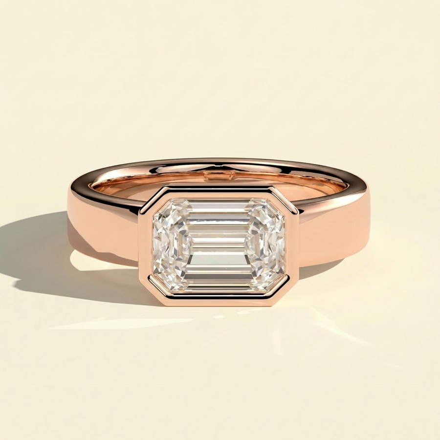 The Jules - East West Emerald Cut Lab Grown Diamond Bezel Engagement Ring - Rose Gold