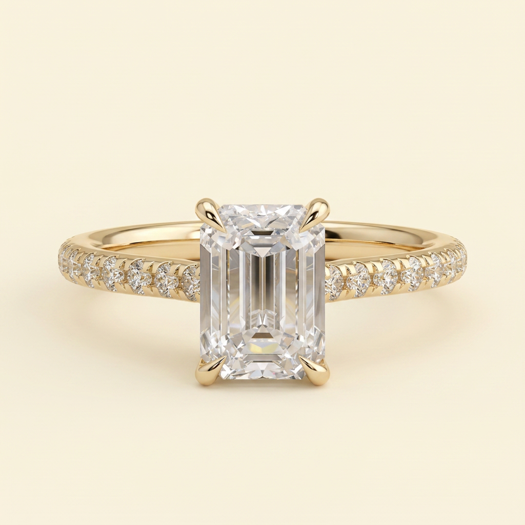 The Tamsin - Emerald Cut Lab Grown Diamond Cathedral Solitaire with Hidden Halo and Pave Band Engagement Ring