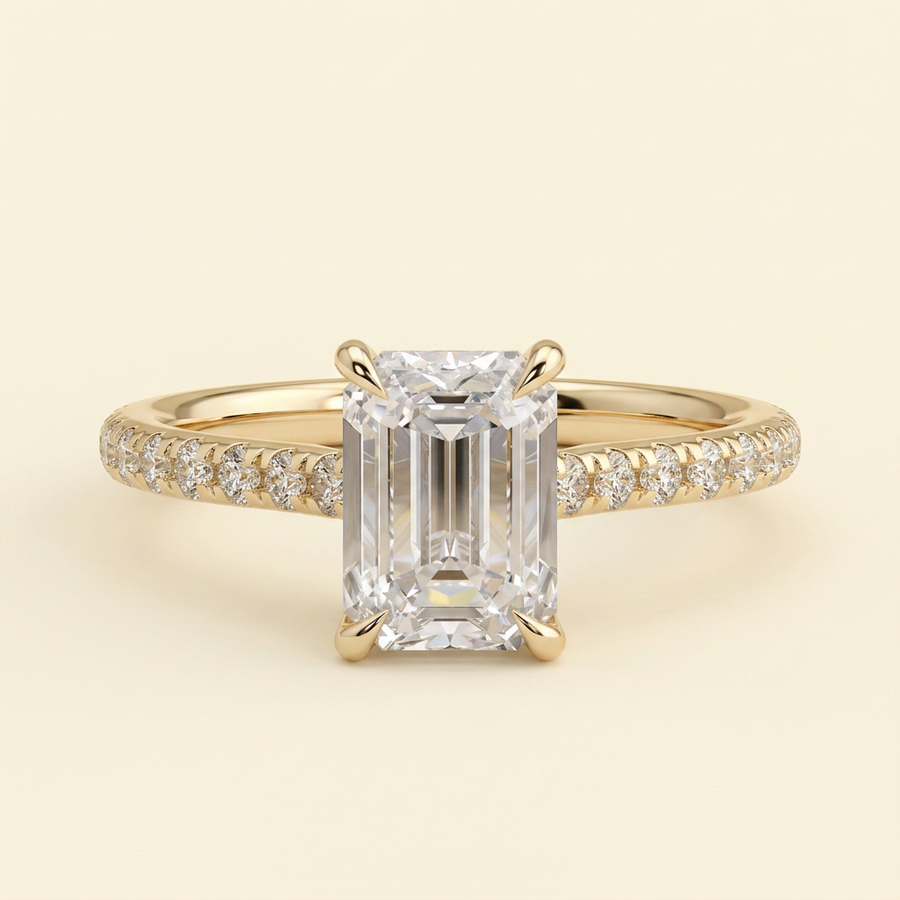 The Tamsin - Emerald Cut Lab Grown Diamond Cathedral Solitaire with Hidden Halo and Pave Band Engagement Ring - Yellow Gold