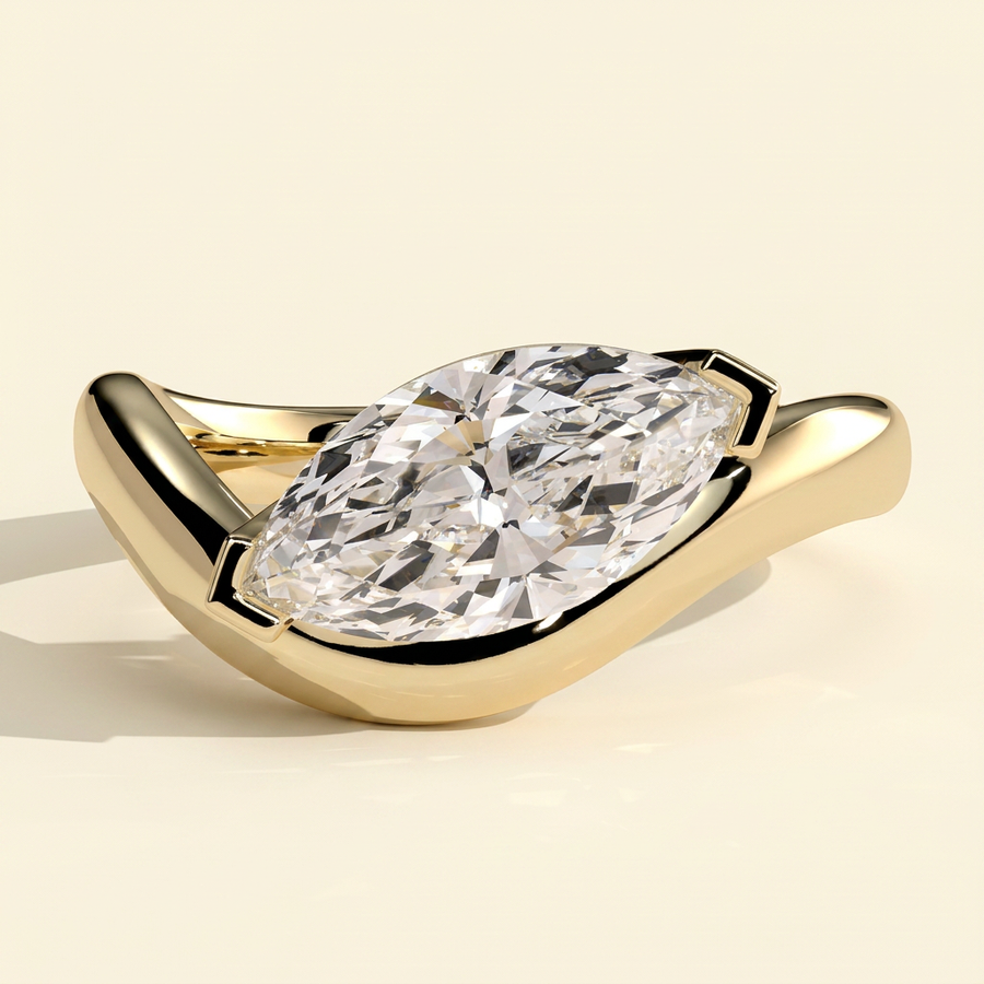 The Dalia - East West Marquise Cut Lab Grown Diamond V Claw Solitaire with Curved Wave Band Engagement Ring - Yellow Gold