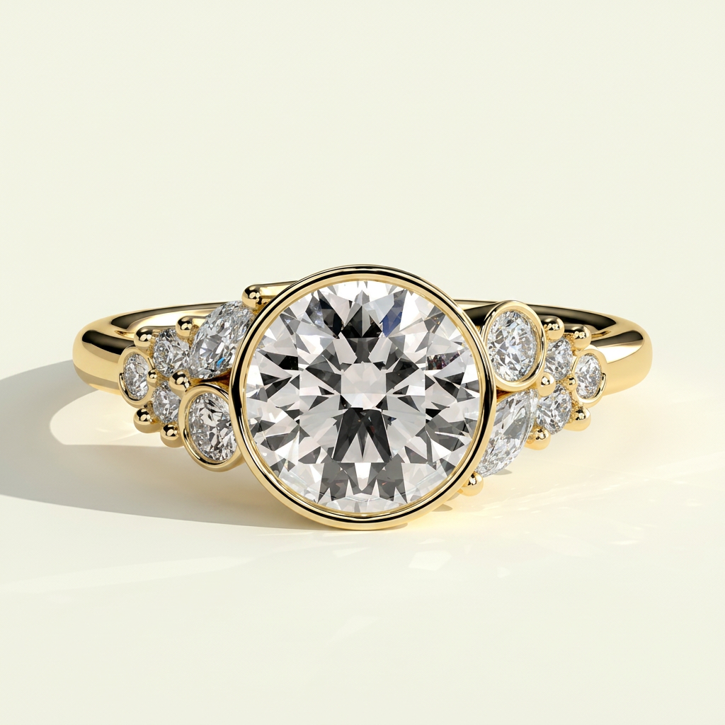 The Svea - Bezel Set Round Lab Grown Diamond Ring with Clustered Accents