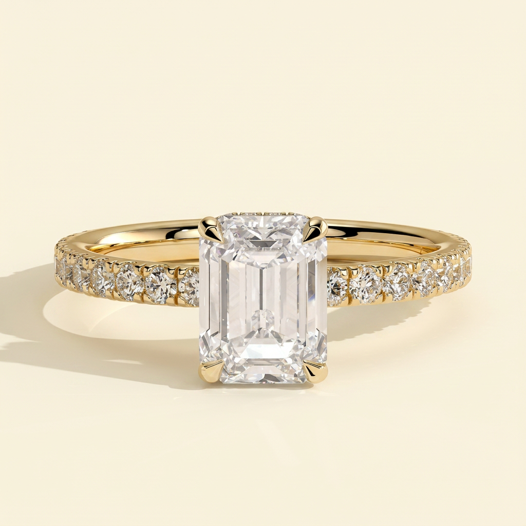 The Priel - Emerald Cut Lab Grown Diamond Solitaire with Wrap Around Hidden Halo Engagement Ring
