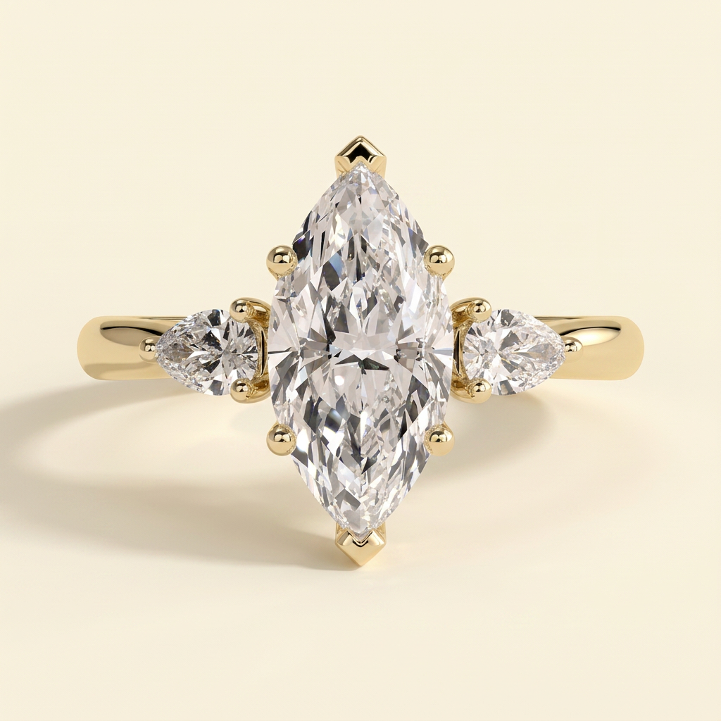 The Belaria - Marquise Cut Lab Grown Diamond Three Stone Engagement Ring with Pear Side Stones