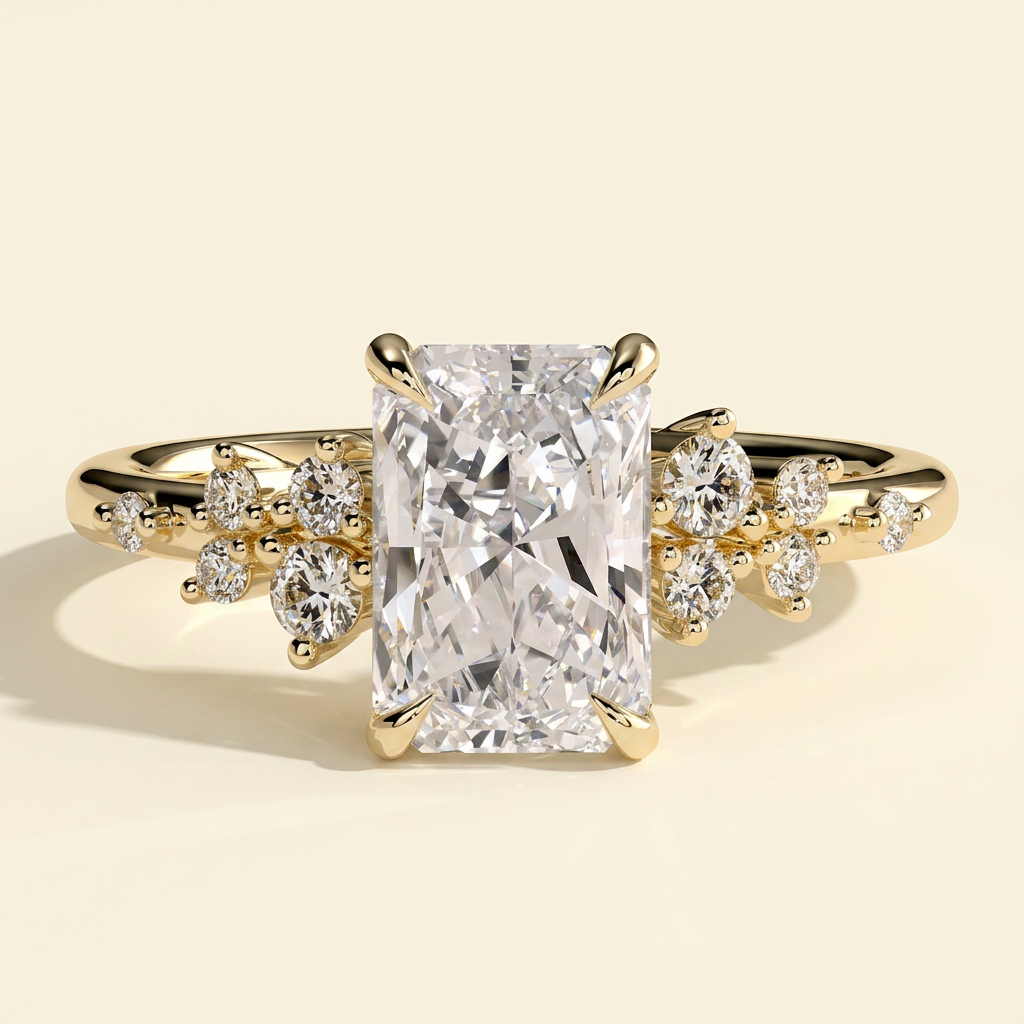 The Jorelle - Radiant Cut Lab Grown Diamond Solitaire with Clustered Round Shoulder Stones Engagement Ring