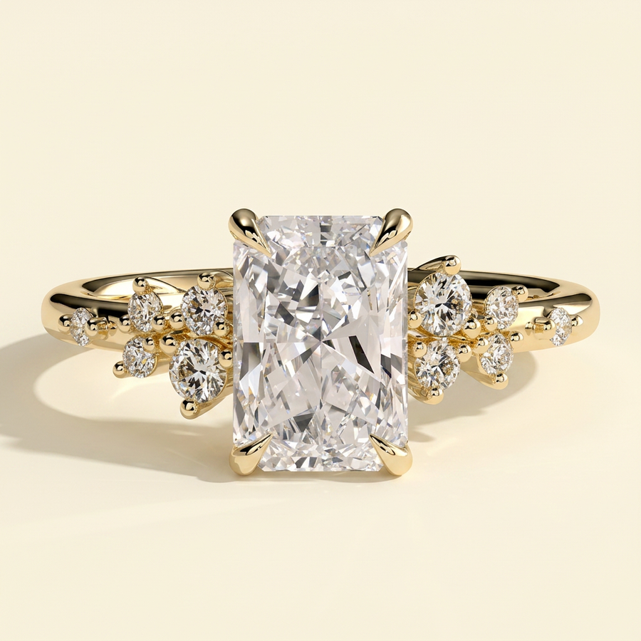 The Jorelle - Radiant Cut Lab Grown Diamond Solitaire with Clustered Round Shoulder Stones Engagement Ring - Yellow Gold