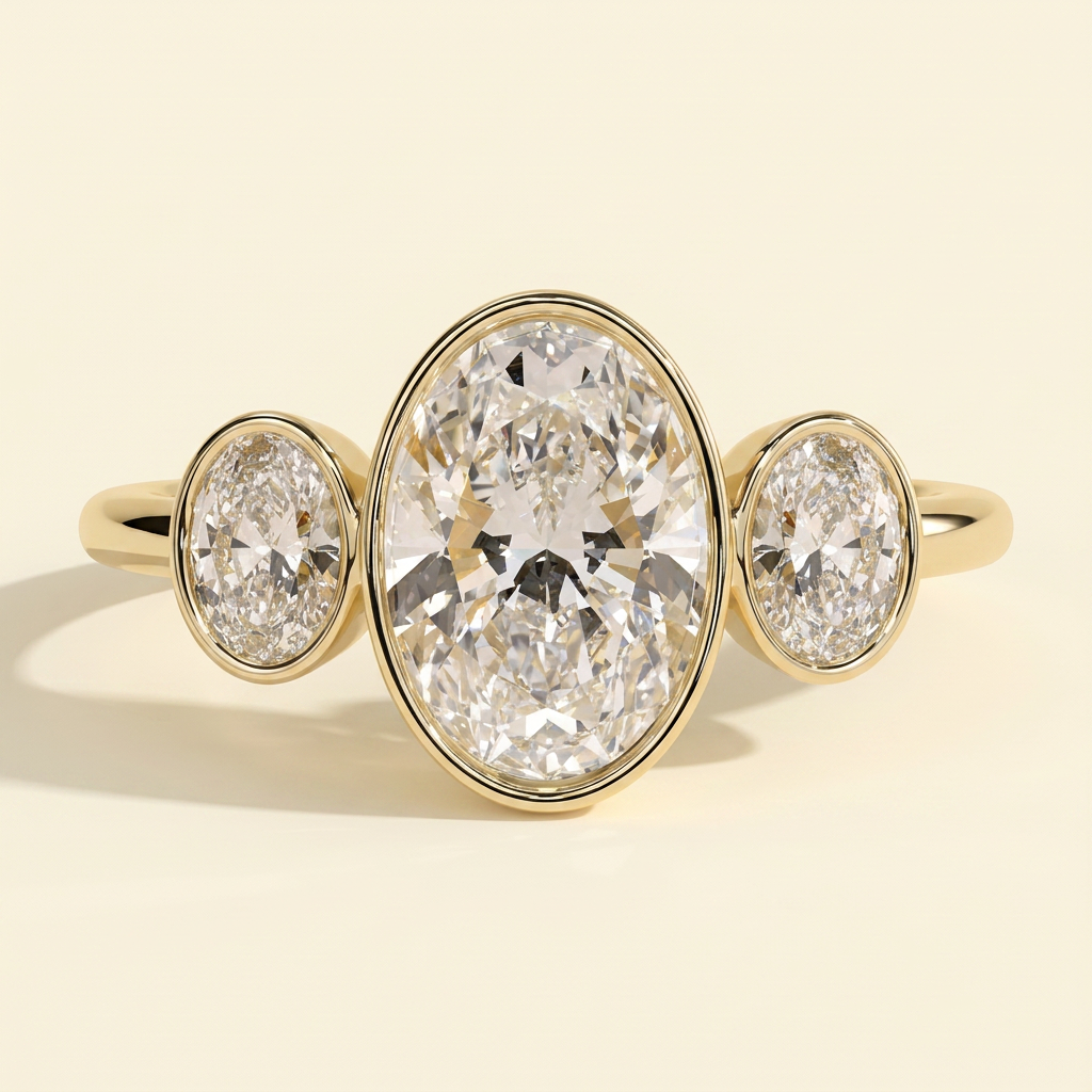 The Xiela - Oval Cut Lab Grown Diamond Three Stone Engagement Ring with Bezel Set Oval Side Stones