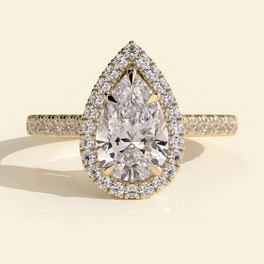 The Ines - Pear Cut Lab Grown Diamond Five Claw Halo with Pave Band Engagement Ring