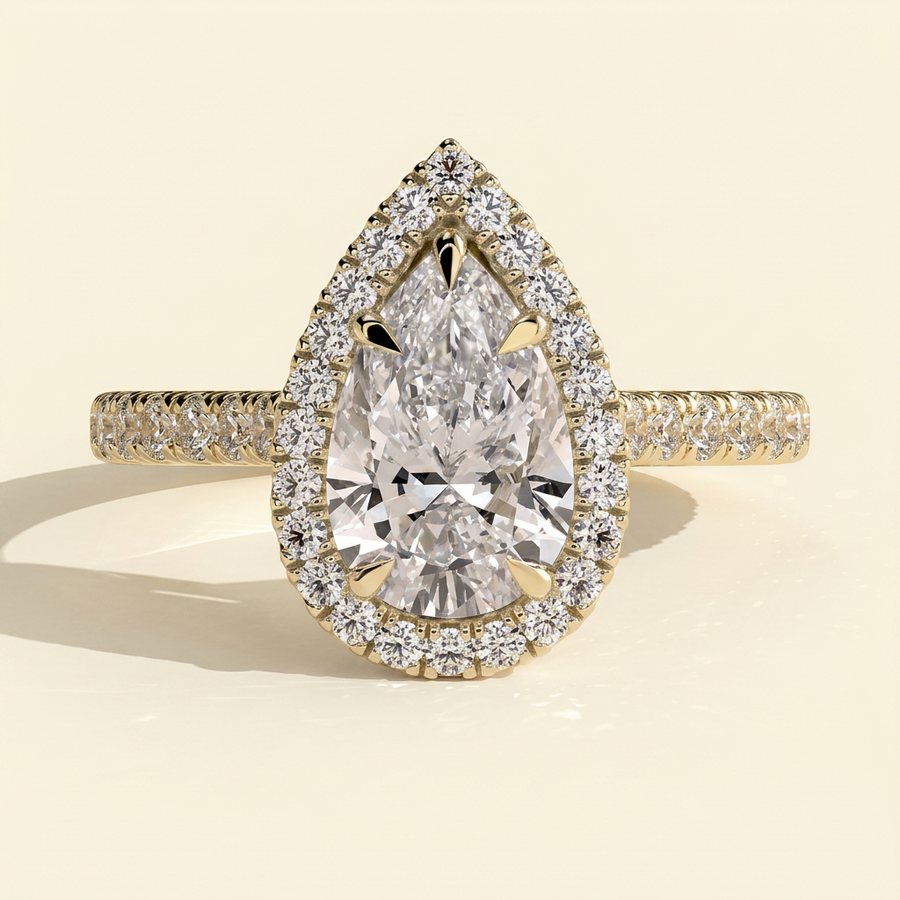 The Ines - Pear Cut Lab Grown Diamond Five Claw Halo with Pave Band Engagement Ring - Yellow Gold