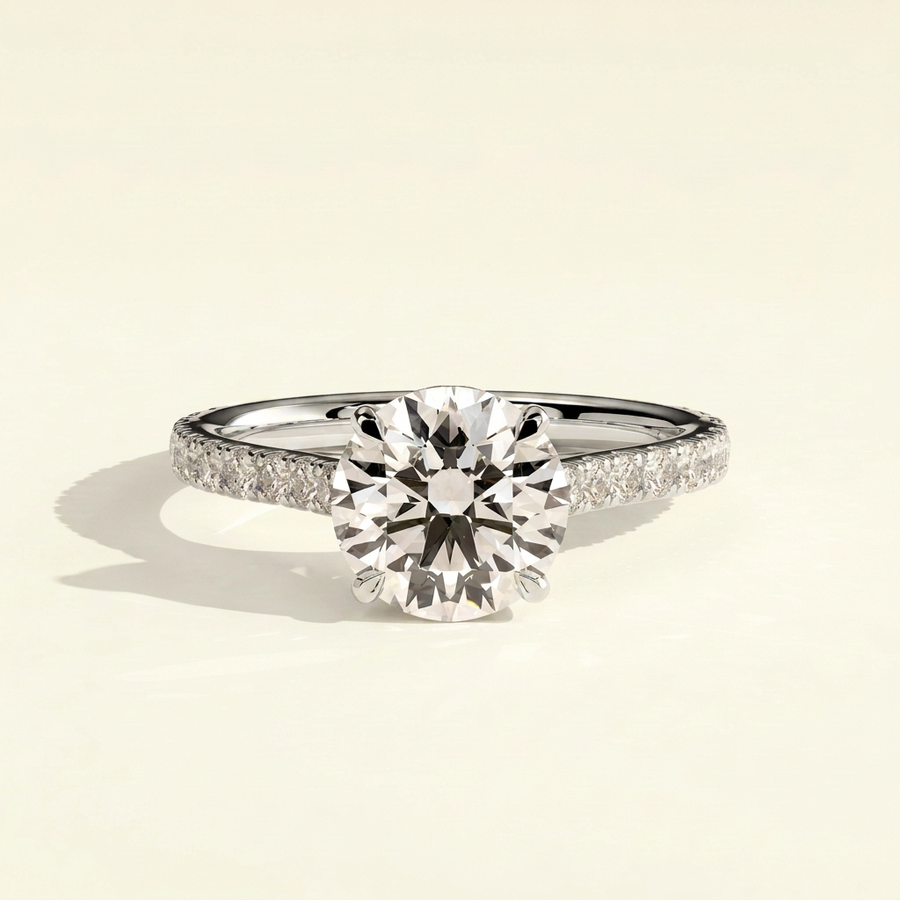 The Elora - Round Cut Lab Grown Diamond Ring with Hidden Halo & Pave Band - White Gold