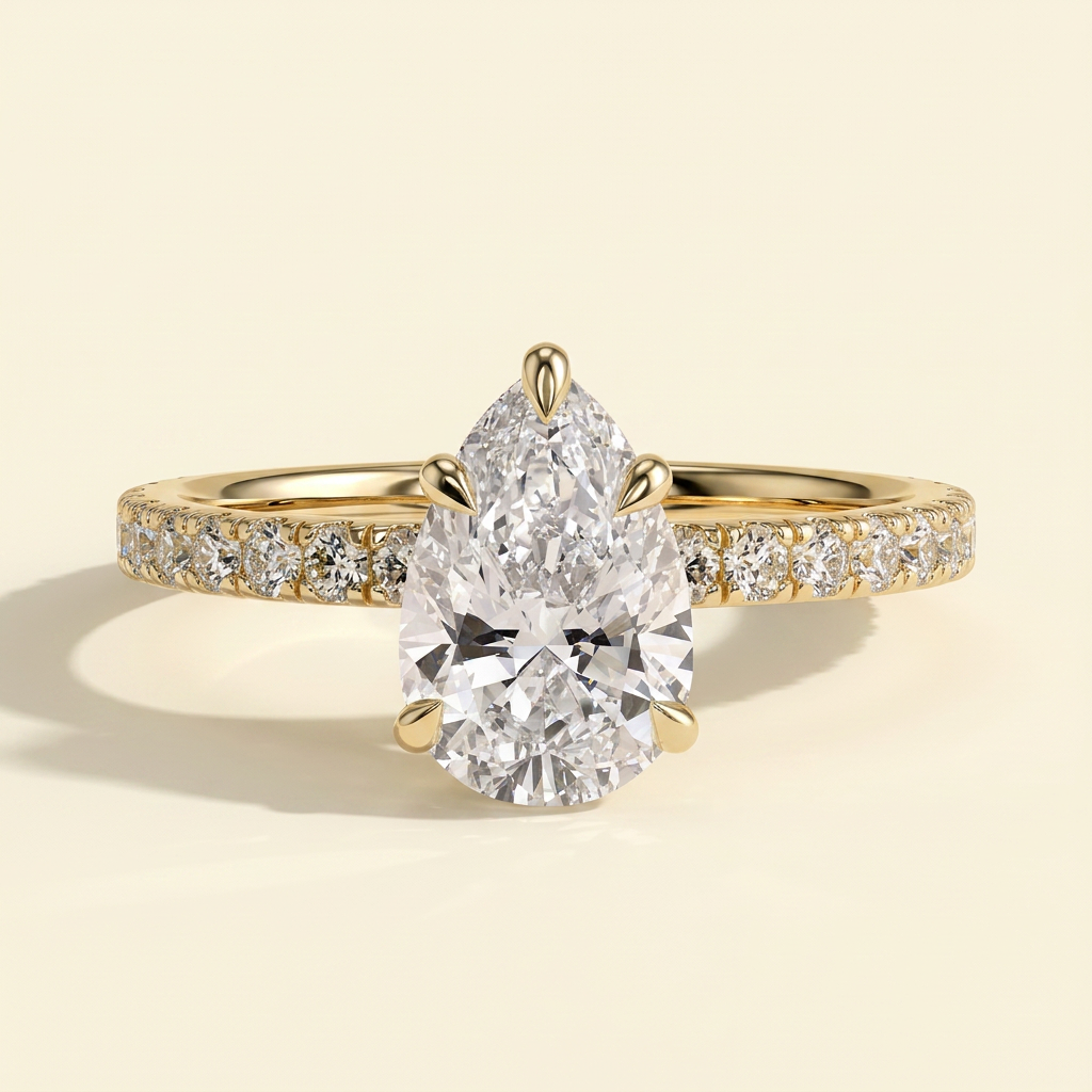 The Vita - Pear Cut Lab Grown Diamond Hidden Halo Engagement Ring with Pave Band