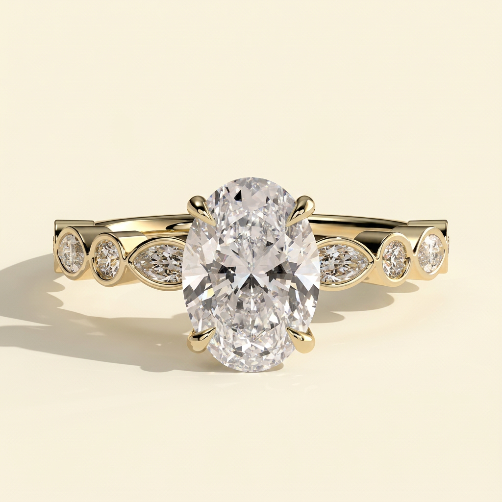 The Selina - Oval Cut Lab Grown Diamond Four Claw Solitaire with Bezel Set Round and Marquise Accent Stones Engagement Ring