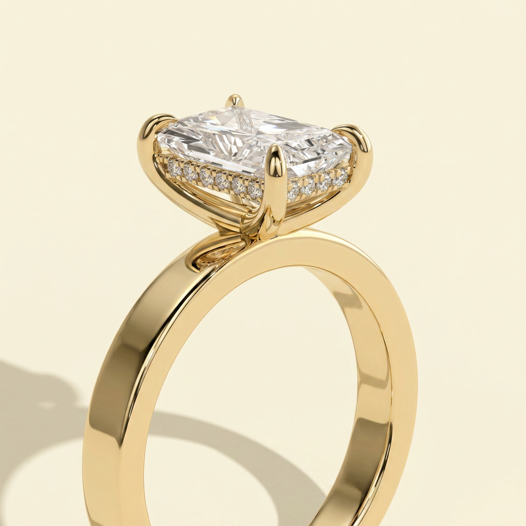 The Neria - Radiant Cut Lab Diamond Ring with Cigar Band and Hidden Halo