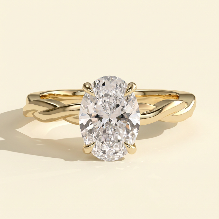 The Quiara - Oval Cut Lab Grown Diamond Hidden Halo Solitaire with Twisted Band Engagement Ring - Yellow Gold