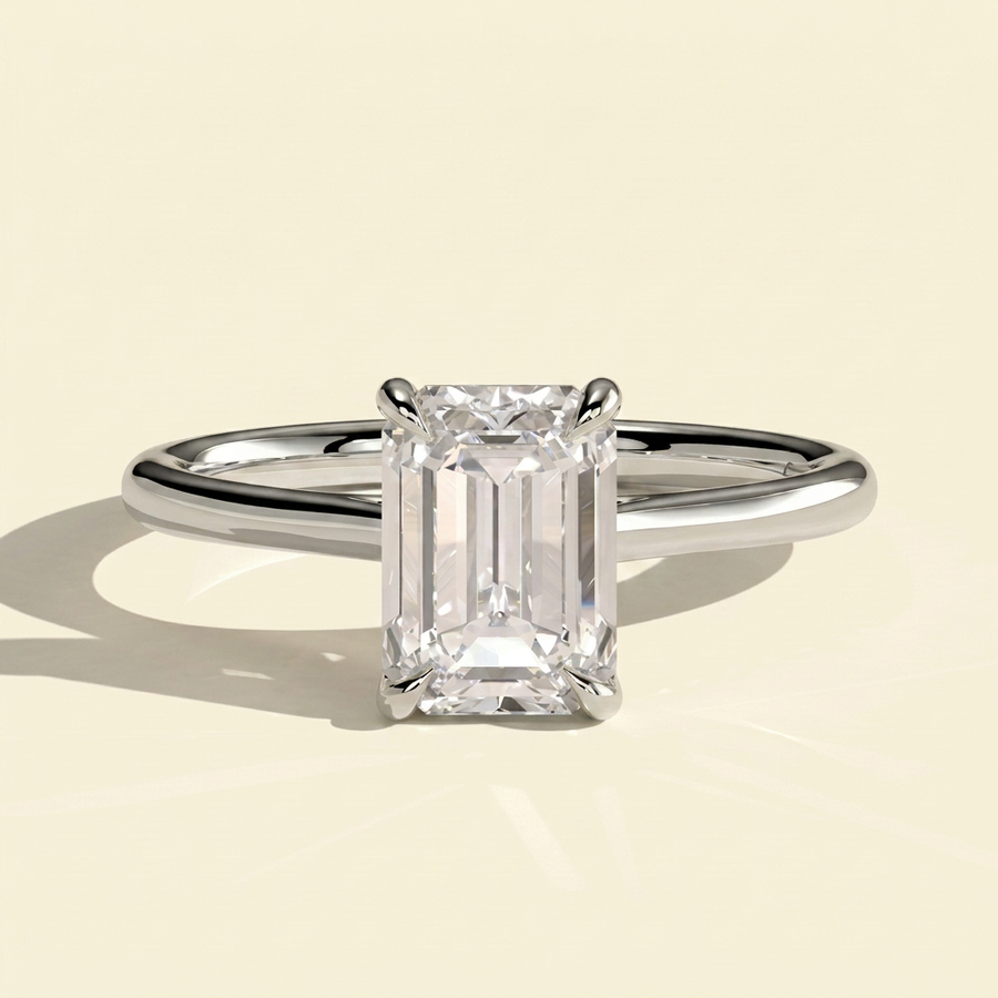 The Aurora - Emerald Cut Lab Grown Diamond Solitaire with Hidden Halo Ring - White Gold