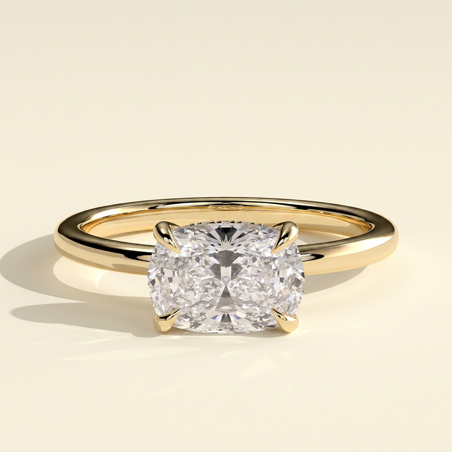 The Riva - Elongated Cushion Cut Lab Grown Diamond East West Hidden Halo Engagement Ring - Yellow Gold