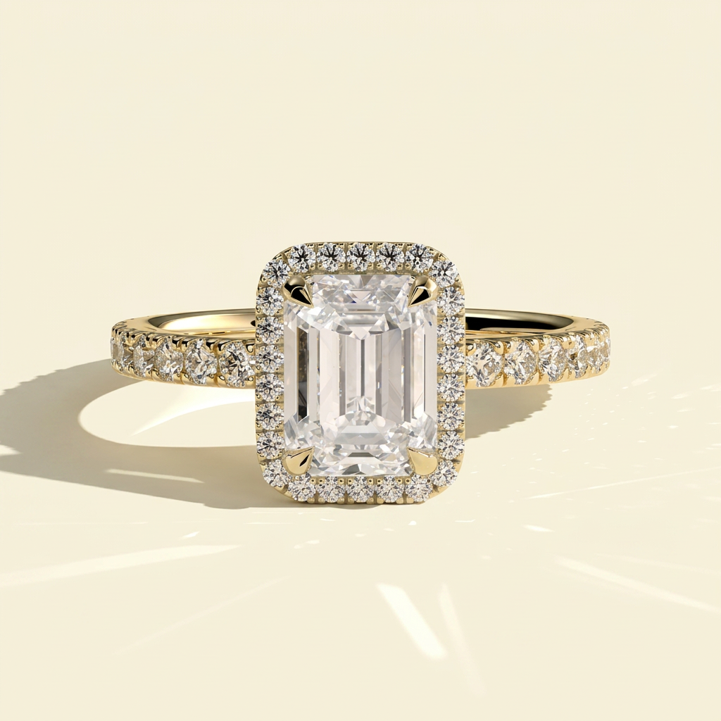 The Dorea - Emerald Lab Grown Diamond Halo Engagement Ring with Pave Band