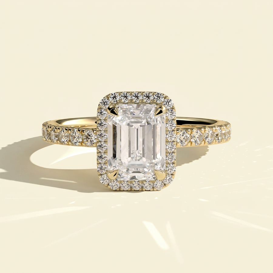 The Dorea - Emerald Lab Grown Diamond Halo Engagement Ring with Pave Band - Yellow Gold