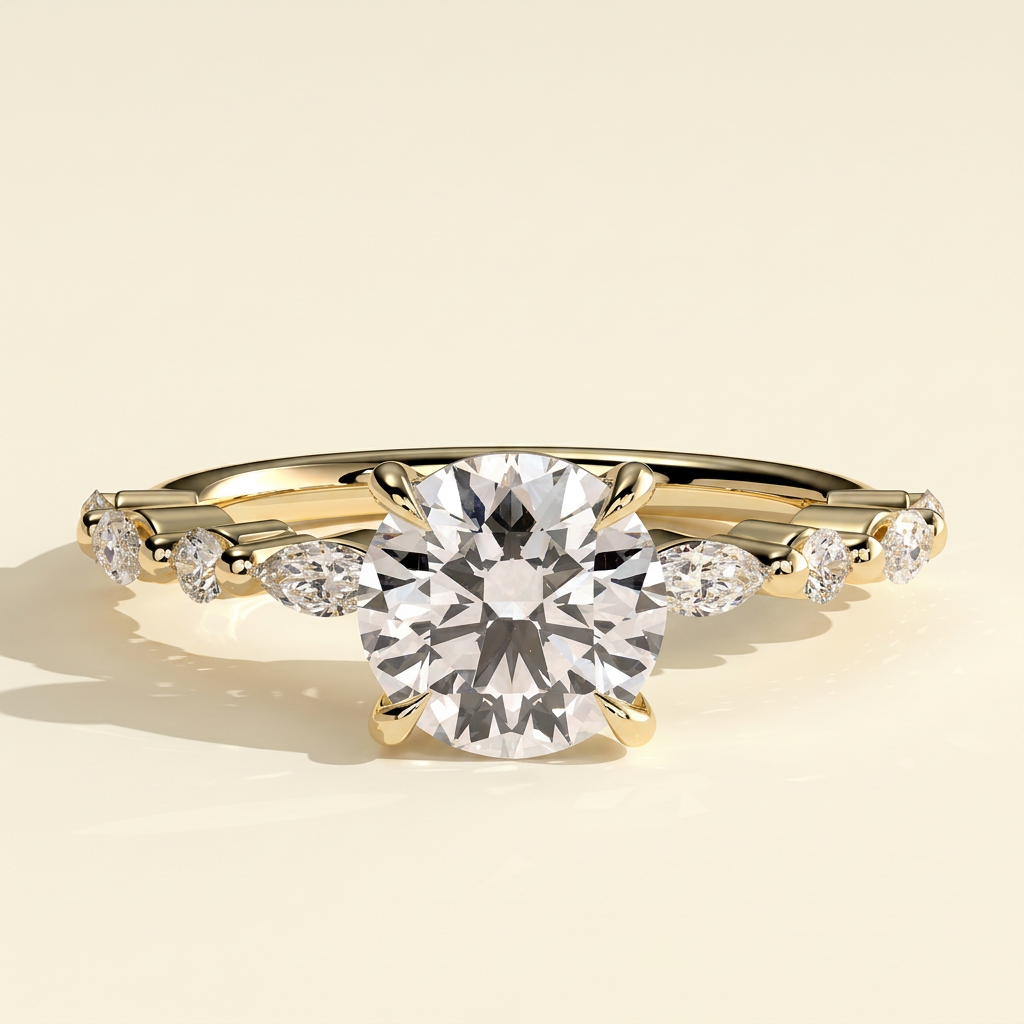 The Larina - Round Cut Lab Grown Diamond Claw Solitaire with Marquise and Round Accent Band Engagement Ring