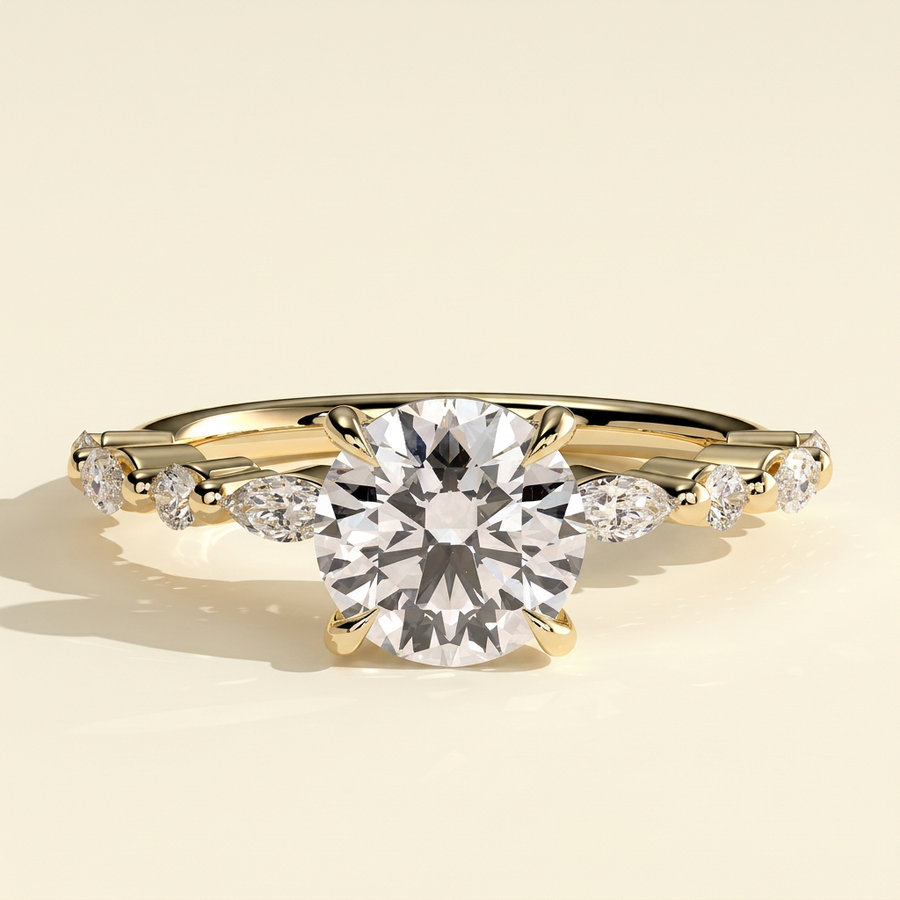 The Larina - Round Cut Lab Grown Diamond Claw Solitaire with Marquise and Round Accent Band Engagement Ring - Yellow Gold