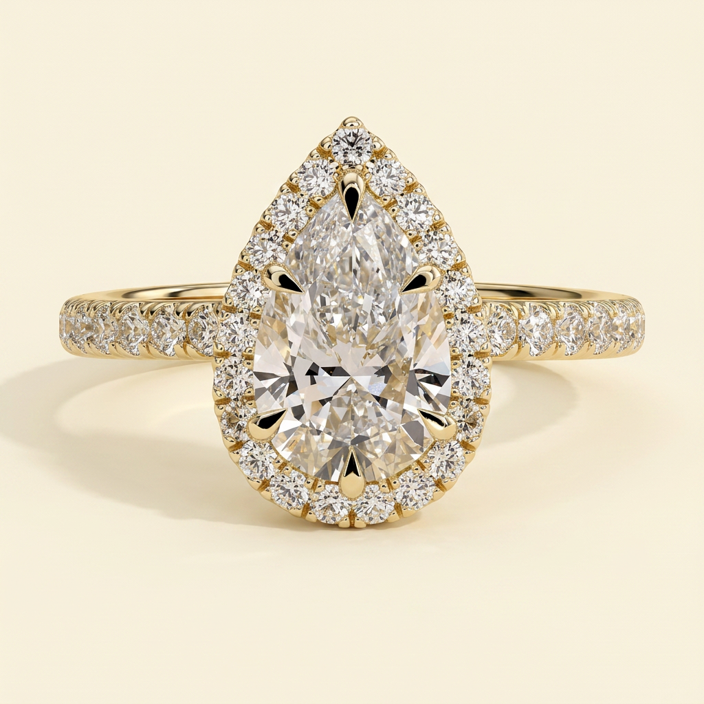 The Calla - Pear Cut Lab Grown Diamond Six Claw Halo Engagement Ring with Pave Band