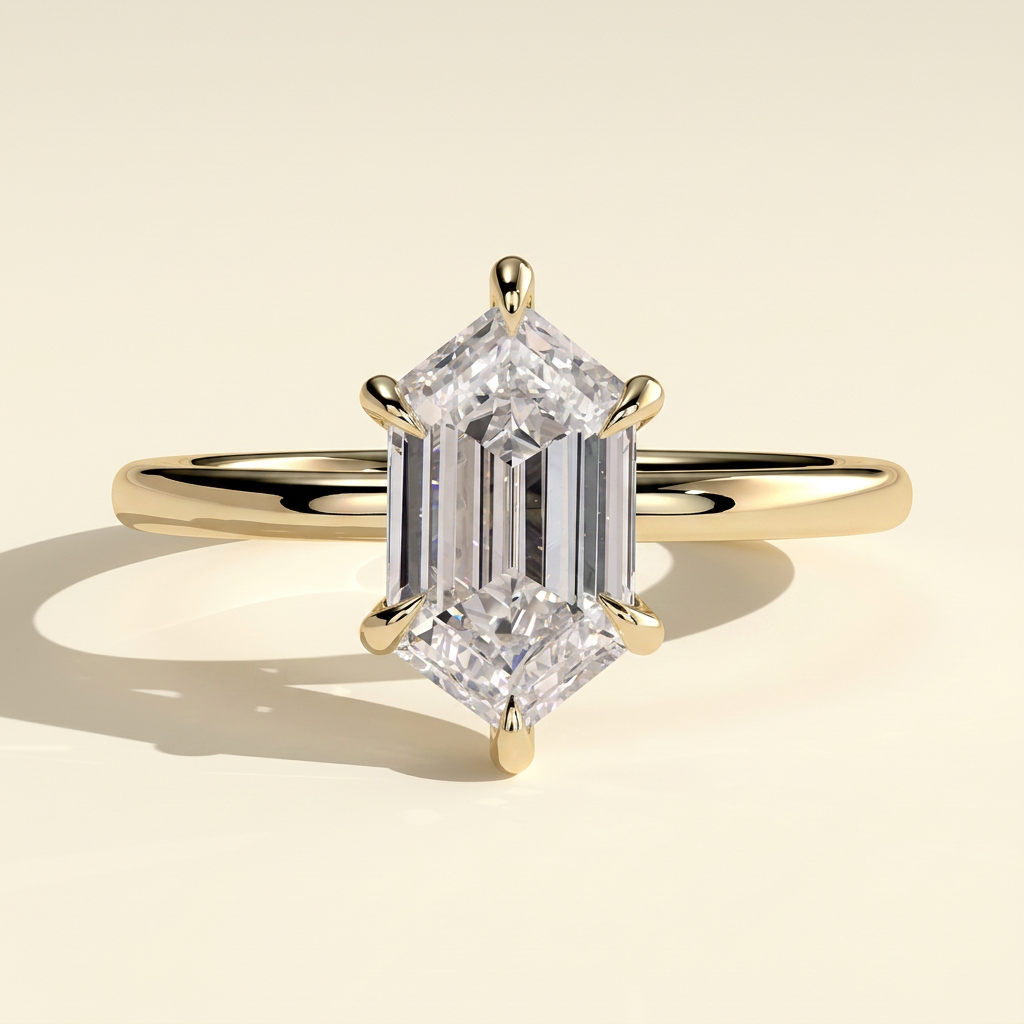 The Evina - Elongated Hexagon Cut Lab Grown Diamond Solitaire with Hidden Halo Engagement Ring