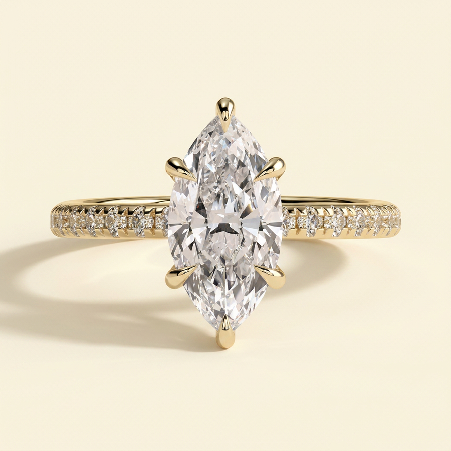The Farelle - Marquise Cut Lab Grown Diamond Hidden Halo Solitaire with Pave Band Engagement Ring - Yellow Gold